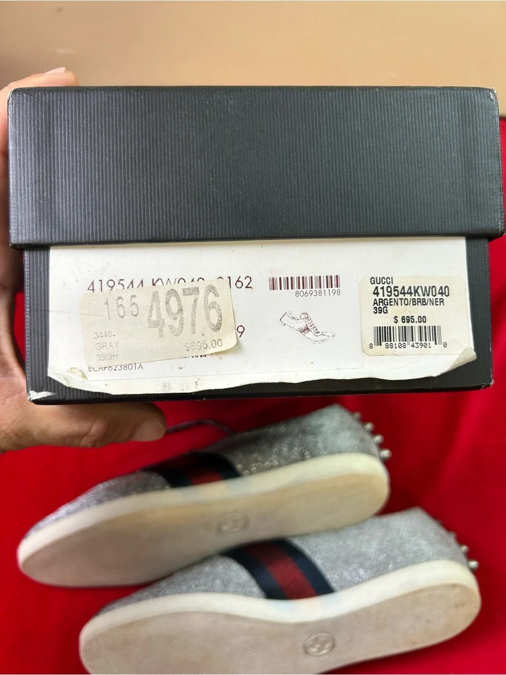 Gucci Silver Glitter Low-Top Sneakers with Red & Blue Web Stripe